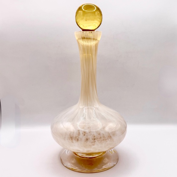 Murano Other - VTG Murano Filigrana Art Glass Decanter 9.5" White Latticino Swirl Amber Stopper